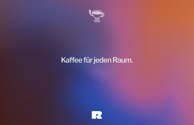 Kaffee für jeden Raum. Raum-Icon auf rot-blauem Hintergrund.